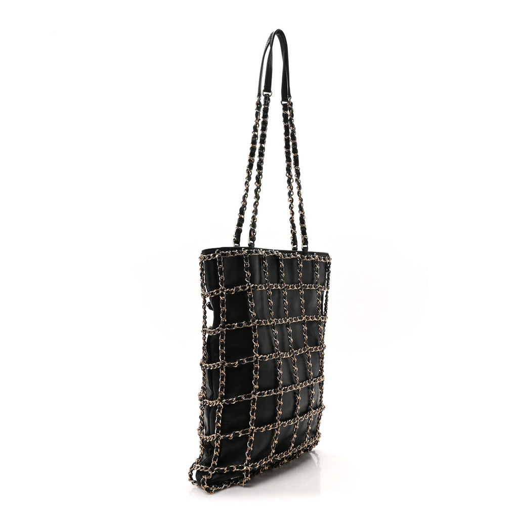 Lambskin Large Shopping Chain Tote Black