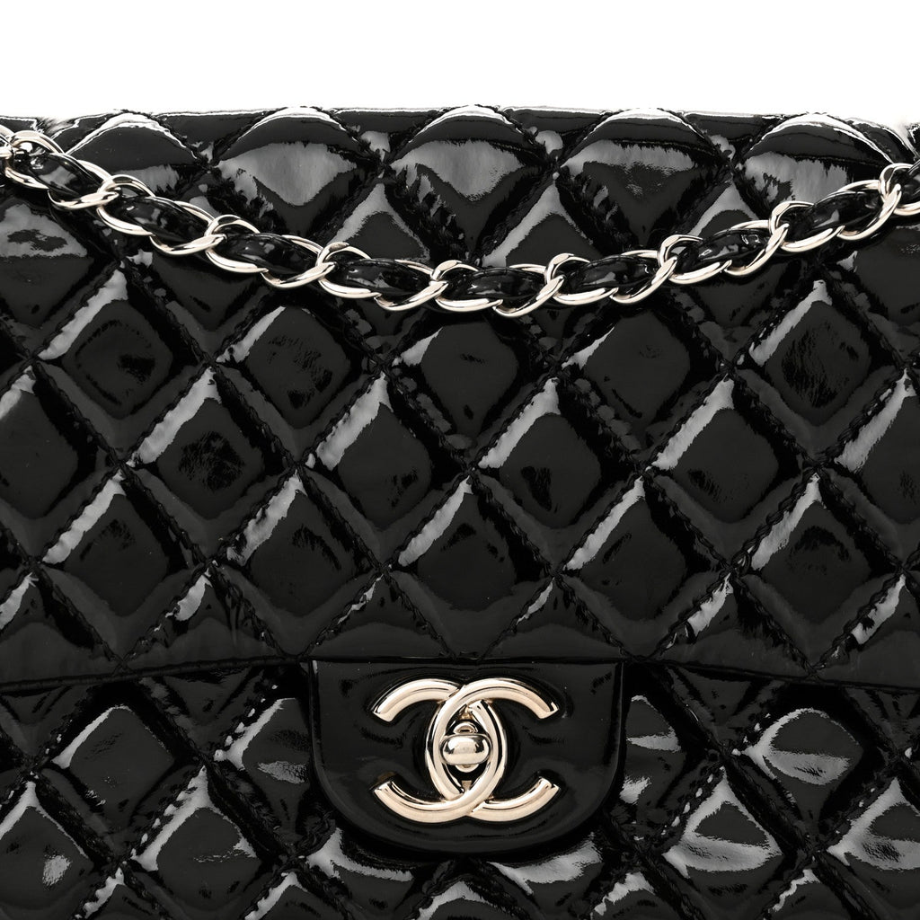 Patent Calfskin Quilted Medium Double Flap Black