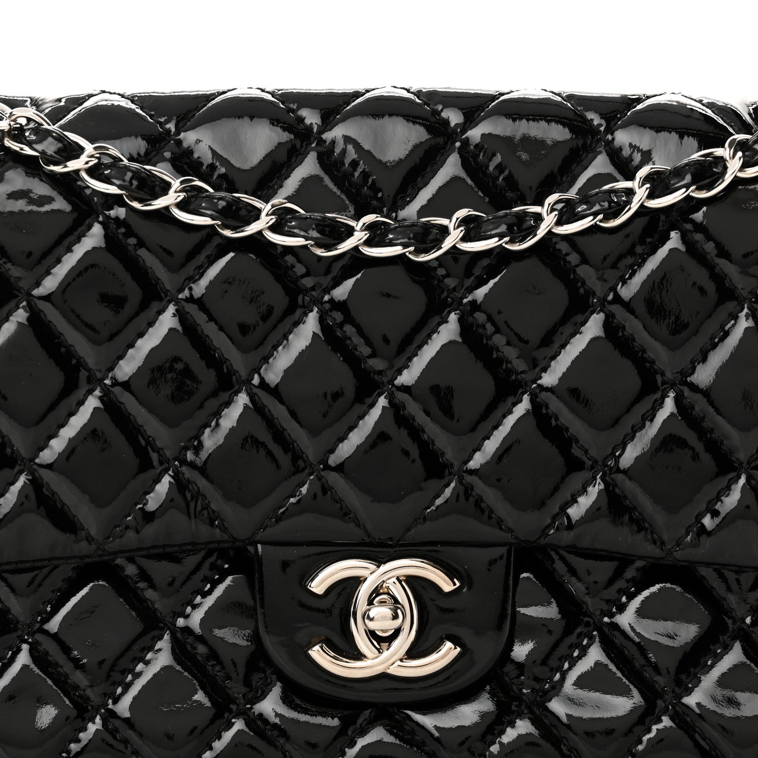 Patent Calfskin Quilted Medium Double Flap Black