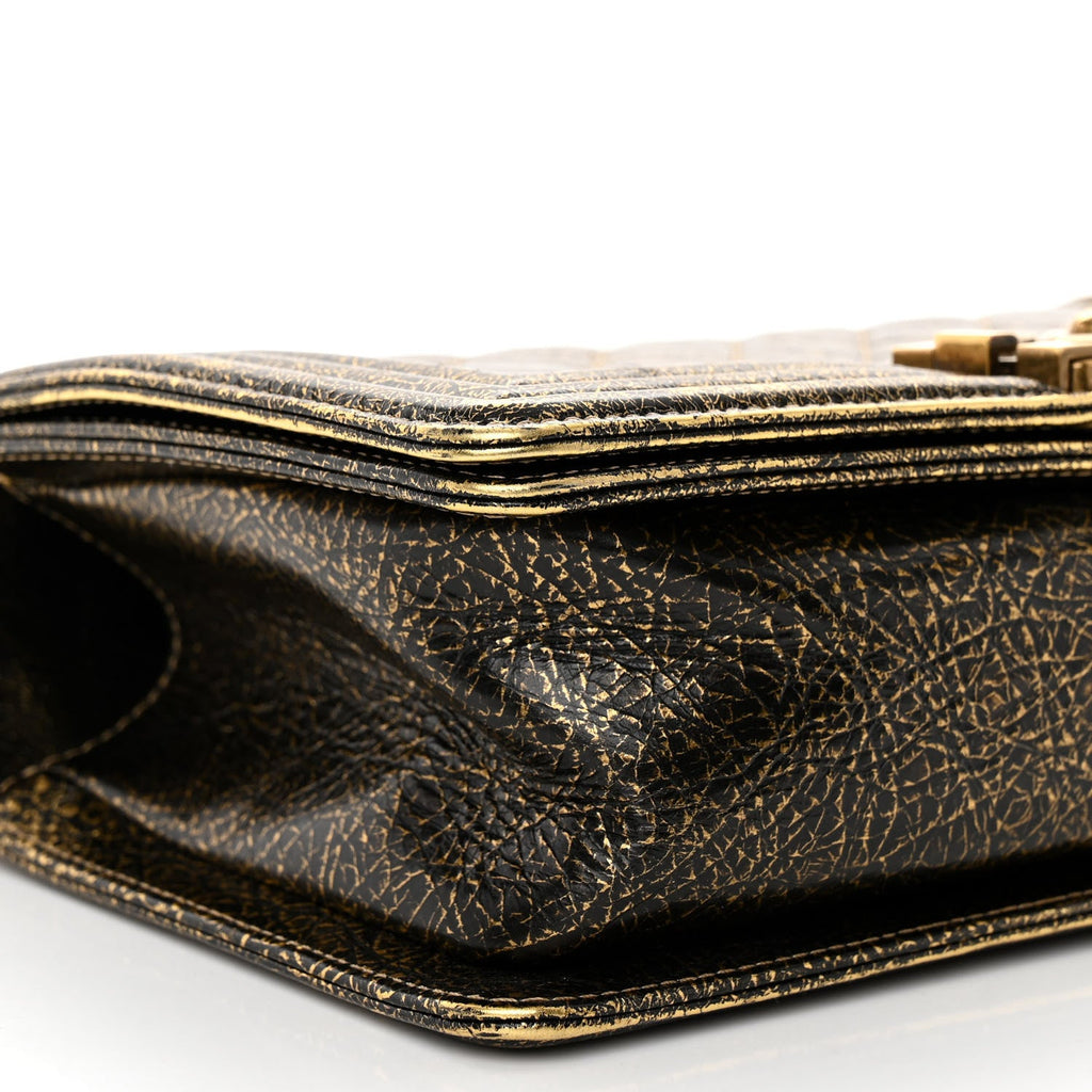 Cracked Metallic Calfskin Quilted Medium Boy Flap Gold