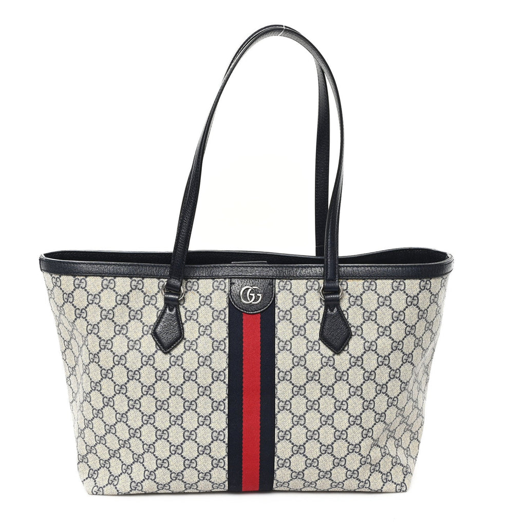 GG Supreme Monogram Textured Calfskin Web Medium Ophidia Shopping Tote Beige Blue
