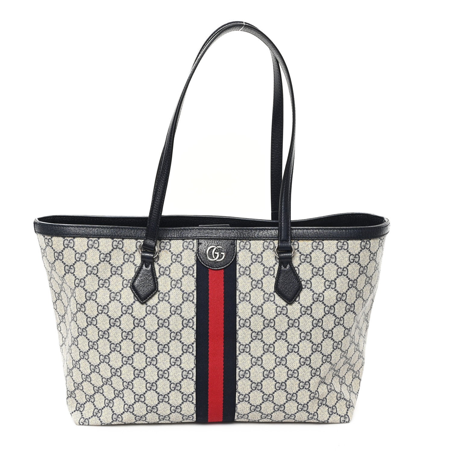 GG Supreme Monogram Textured Calfskin Web Medium Ophidia Shopping Tote Beige Blue