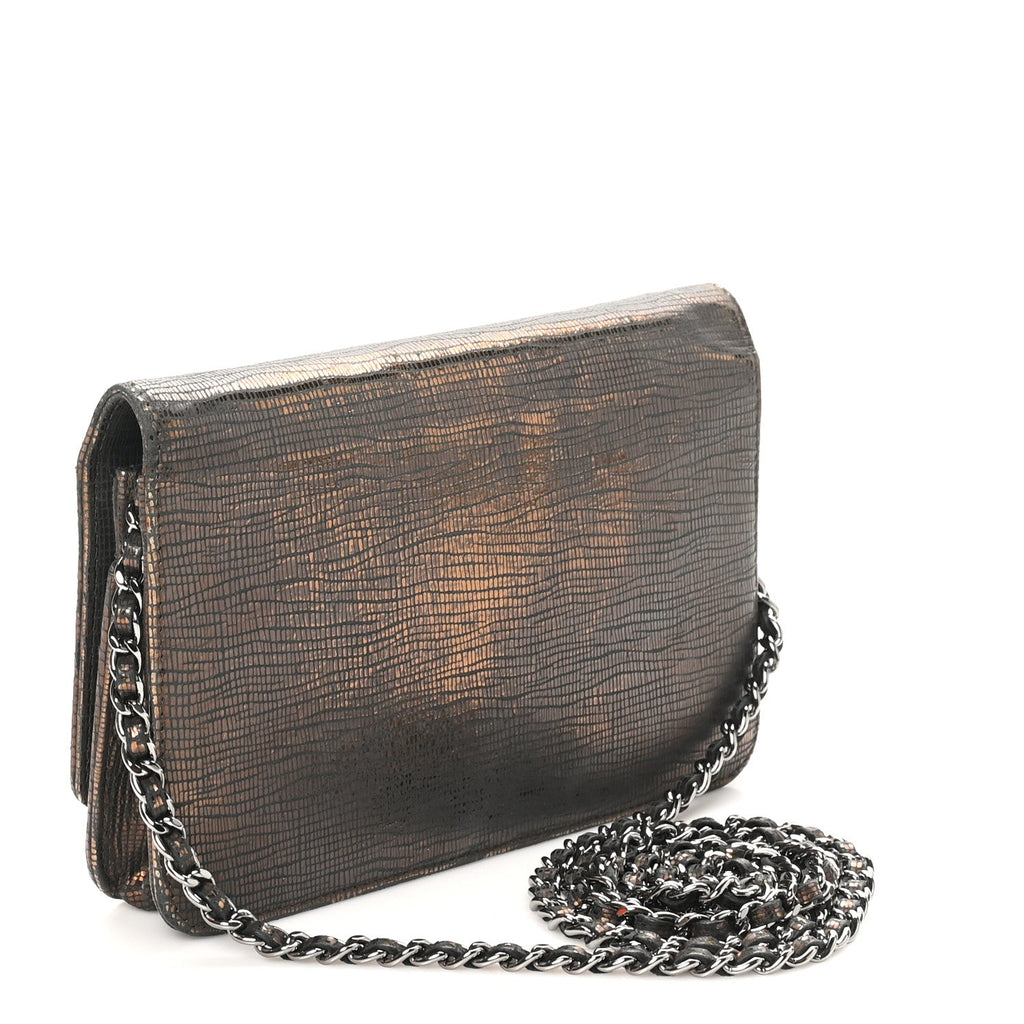 Iridescent Lizard Embossed Timeless CC Wallet on Chain WOC Brown