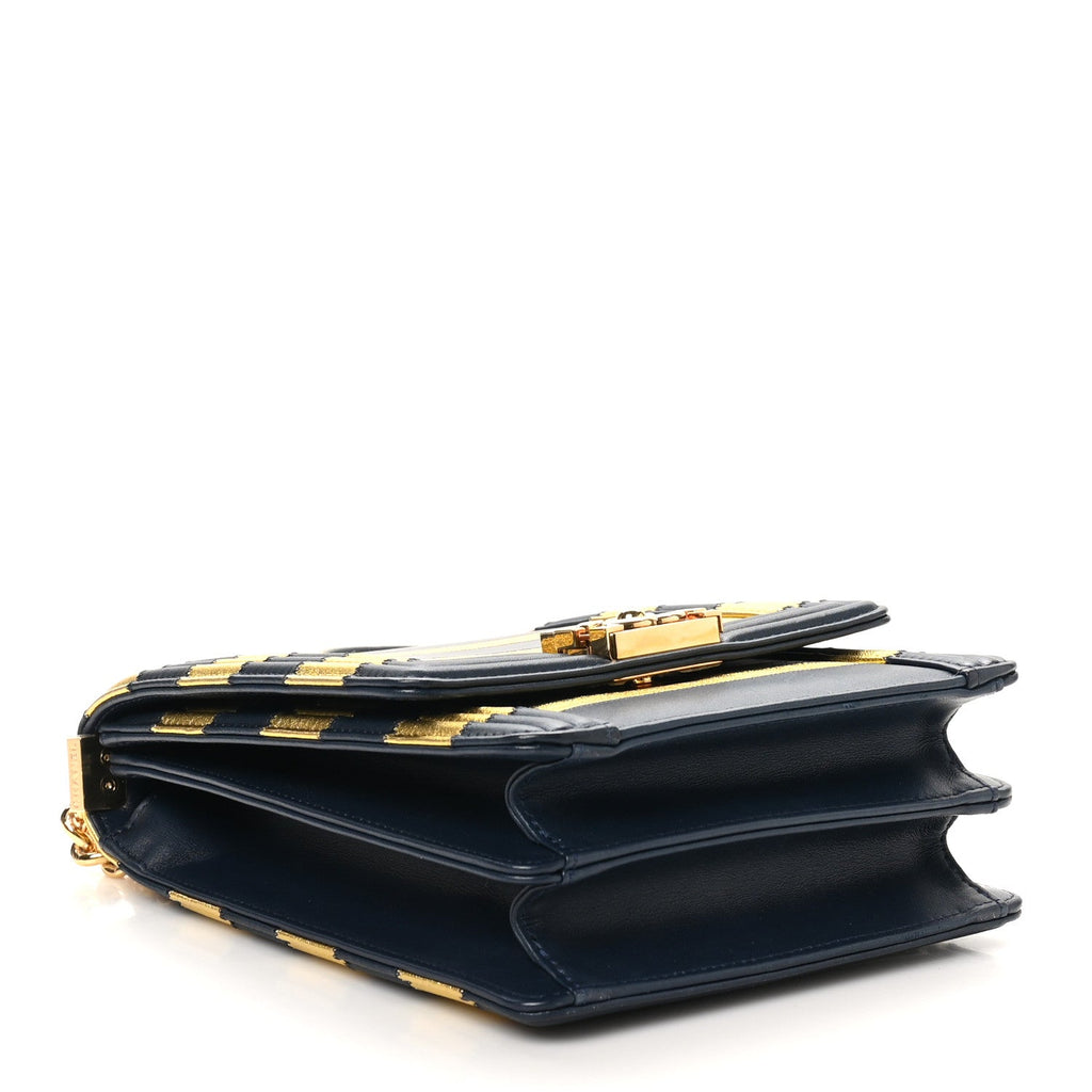 Metallic Lambskin Striped North South Boy Flap Navy Gold