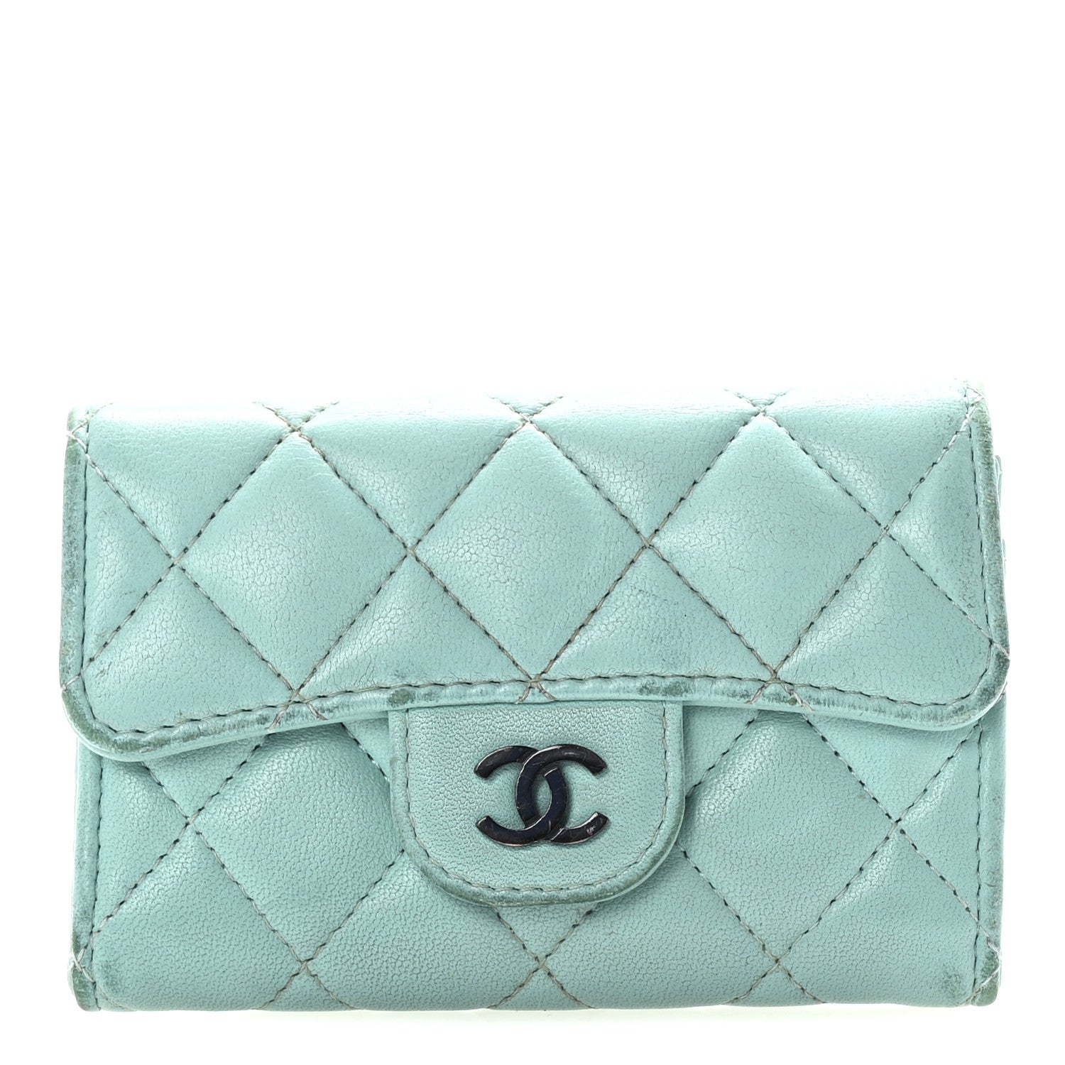 Lambskin Quilted Flap  Holder Wallet Turquoise