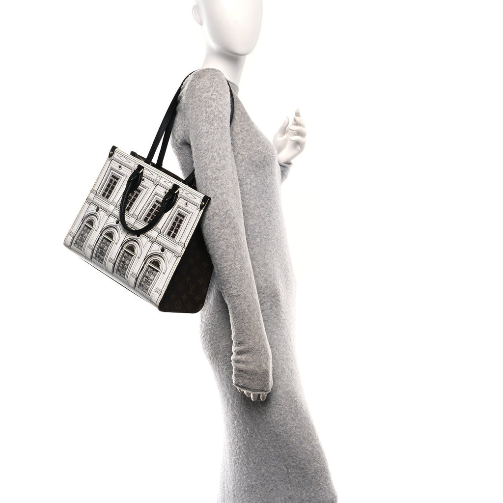 X FORNASETTI Calfskin Architettura Onthego MM Black White