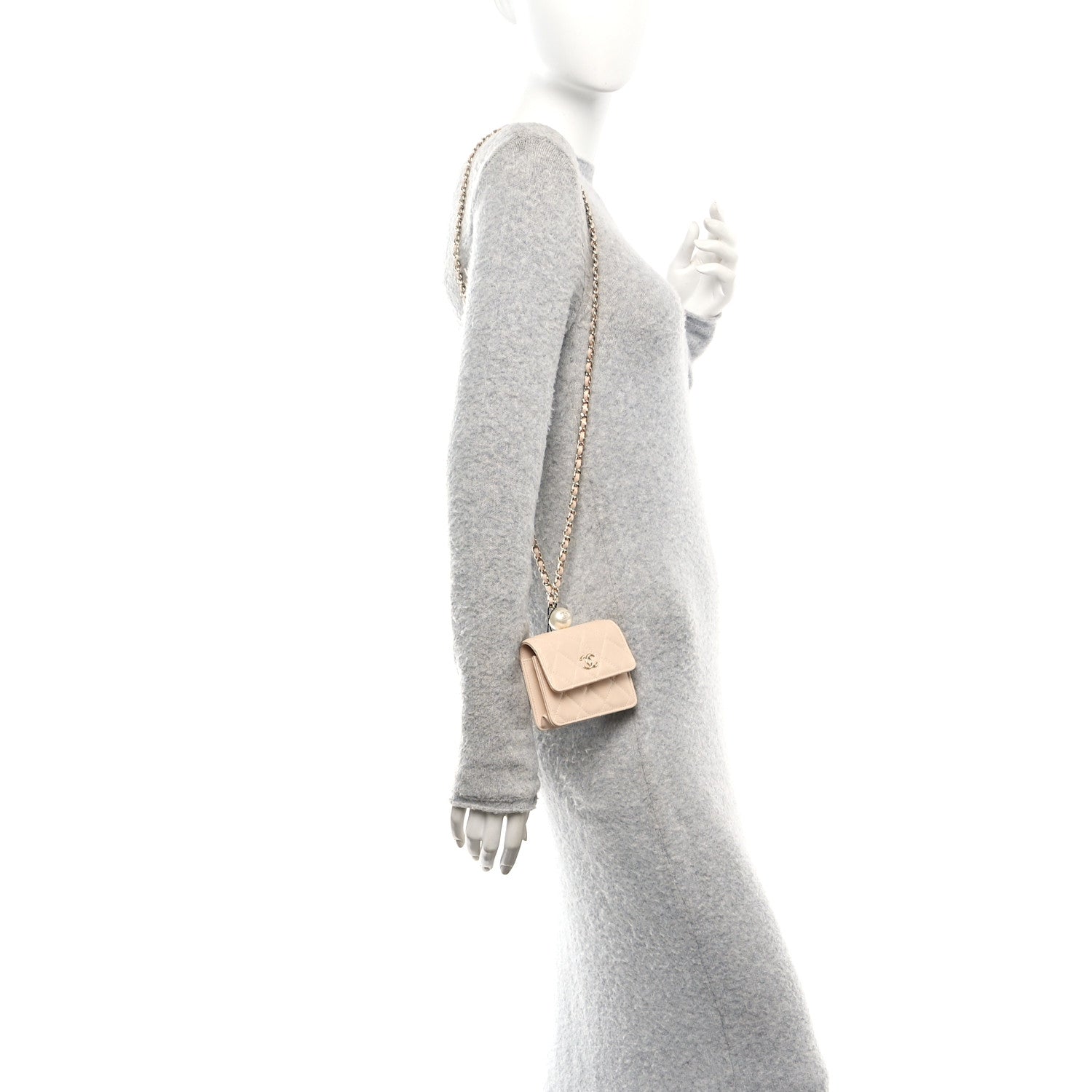 Iridescent Caviar Quilted Pearl  Holder On Chain Beige