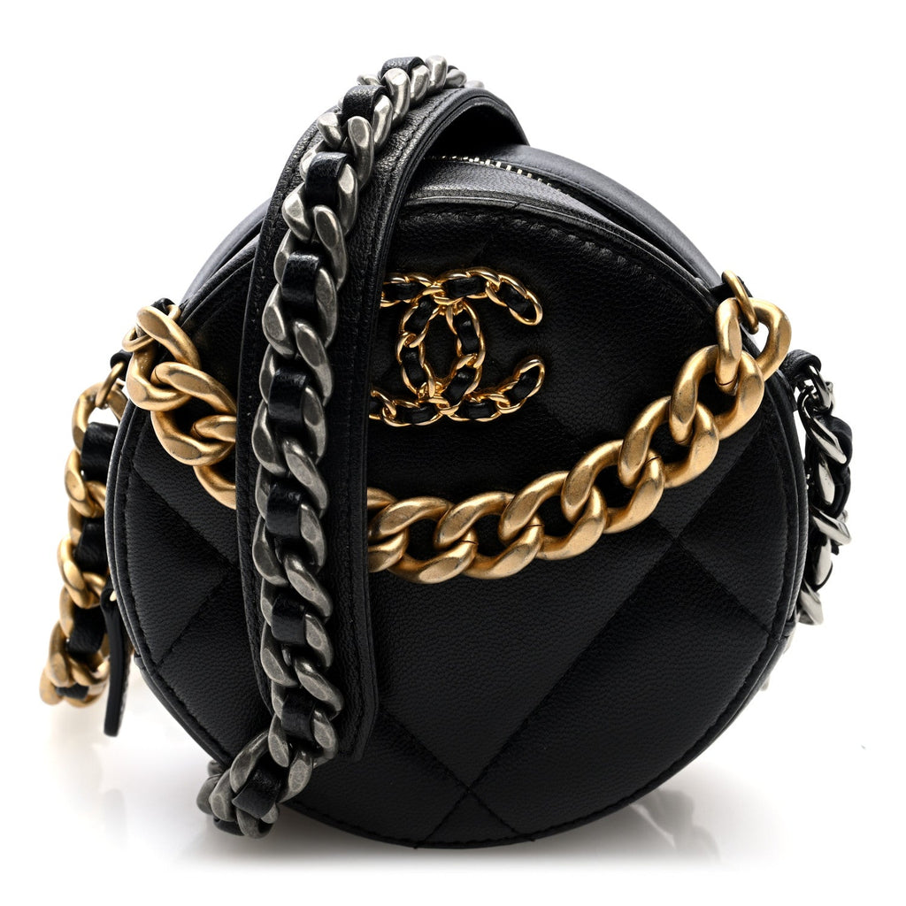 Lambskin Quilted Chanel 19 Round Clutch With Chain Black