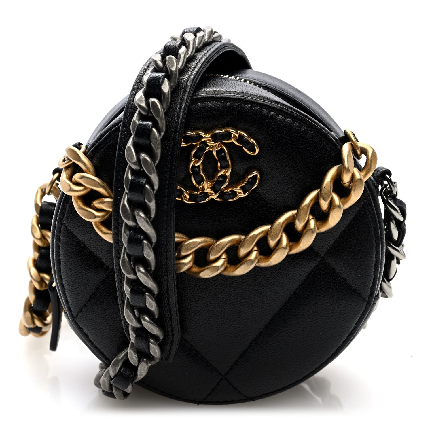 Lambskin Quilted Chanel 19 Round Clutch With Chain Black