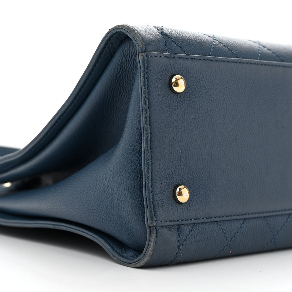 Grained Calfskin Stitched Large Label  Shopper Tote Blue