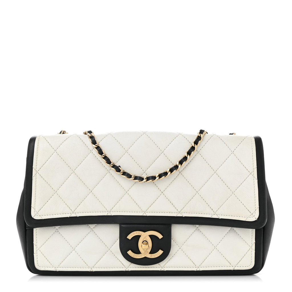 Calfskin Quilted Graphic Flap Bag Black White