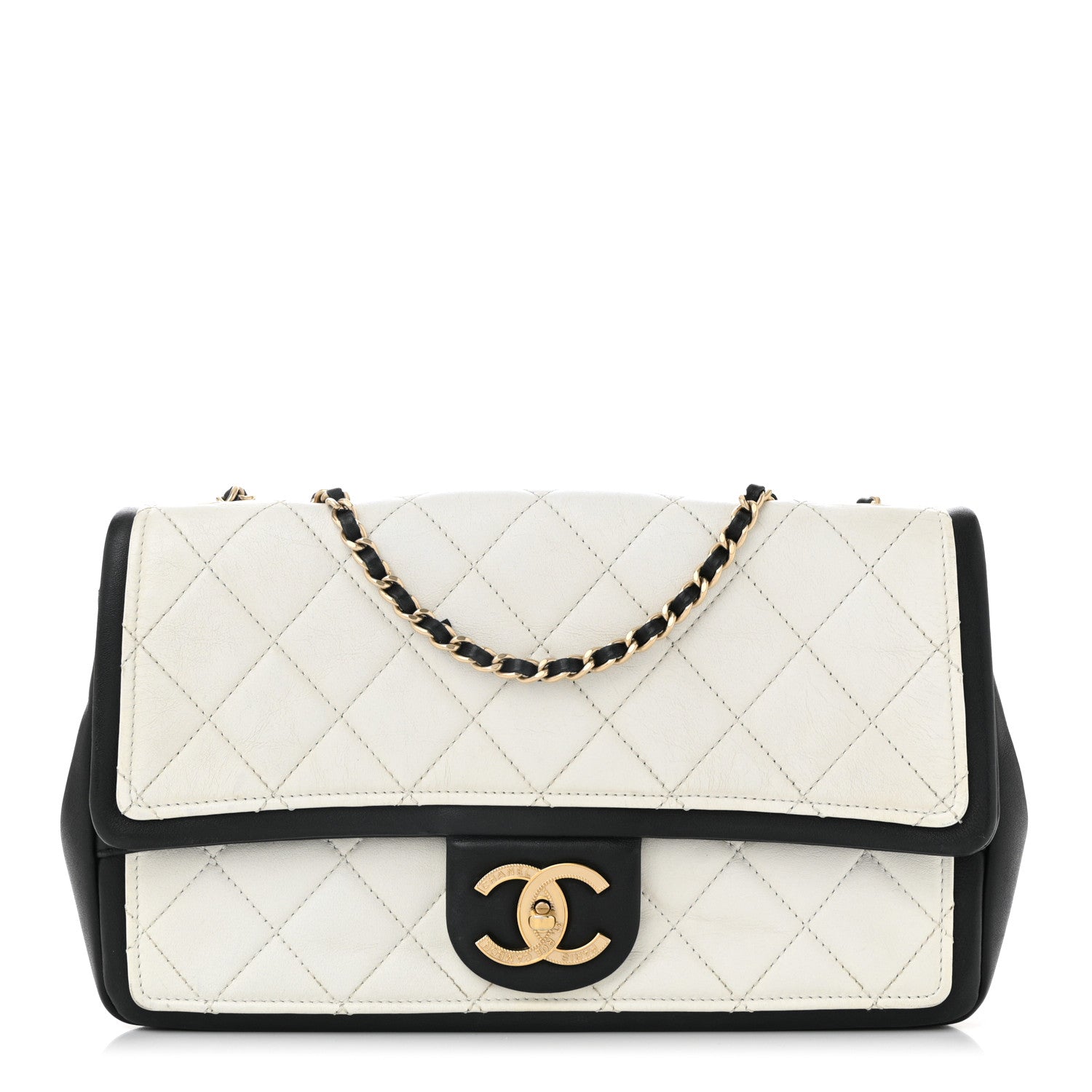 Calfskin Quilted Graphic Flap Bag Black White