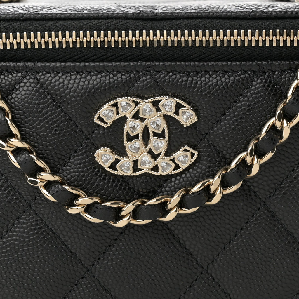 Caviar Quilted Crystal Hearts Small Vanity Case With Chain Black