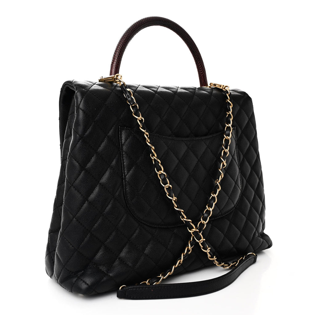 Caviar Lizard Quilted Large Coco Handle Flap Black