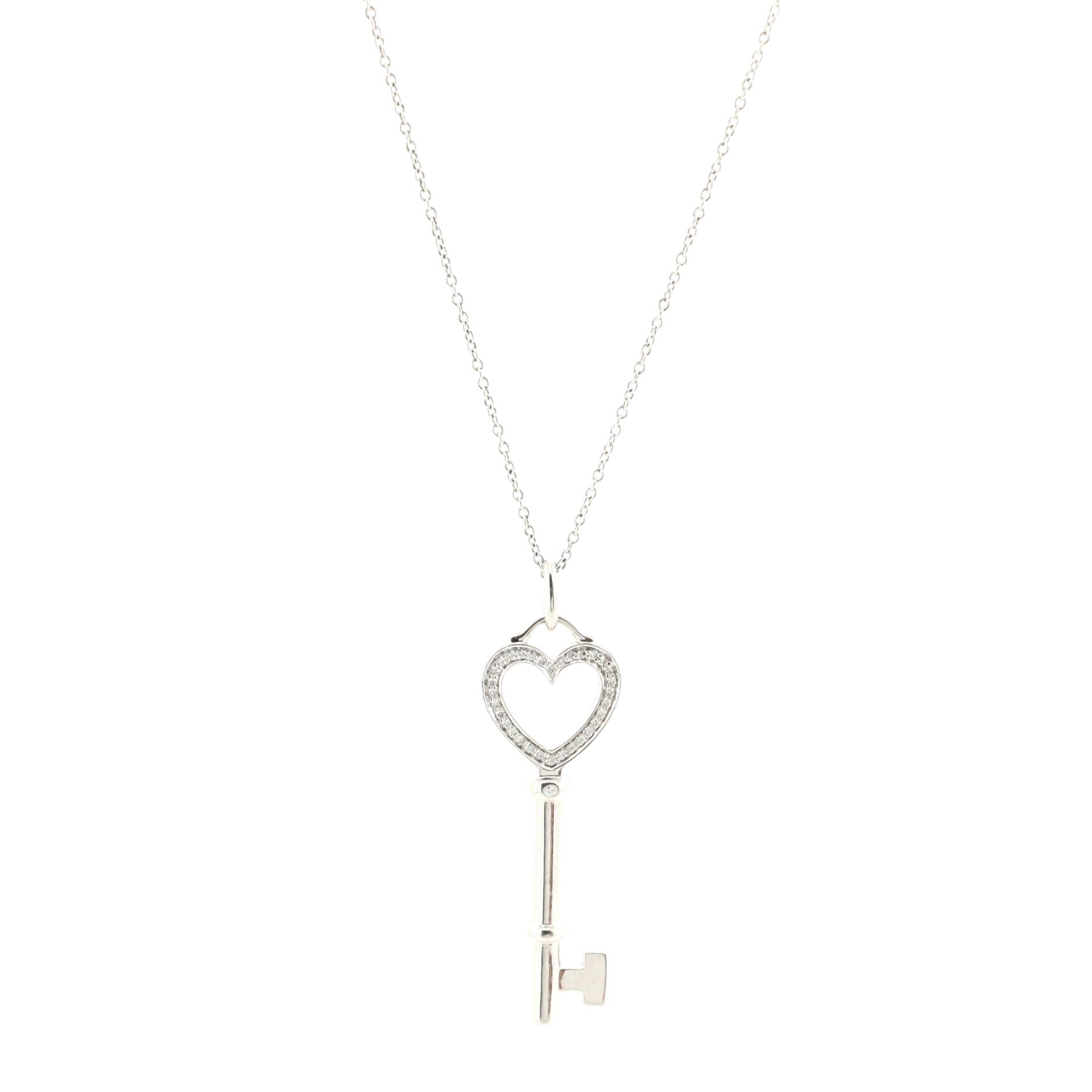 Heart Key Pendant Necklace 18K White Gold and Diamonds Medium