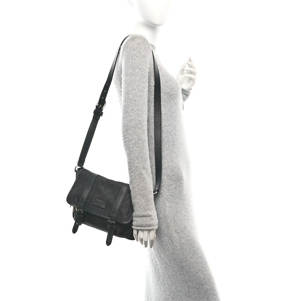 Nylon Monogram Double Buckle Flap Messenger Bag Black