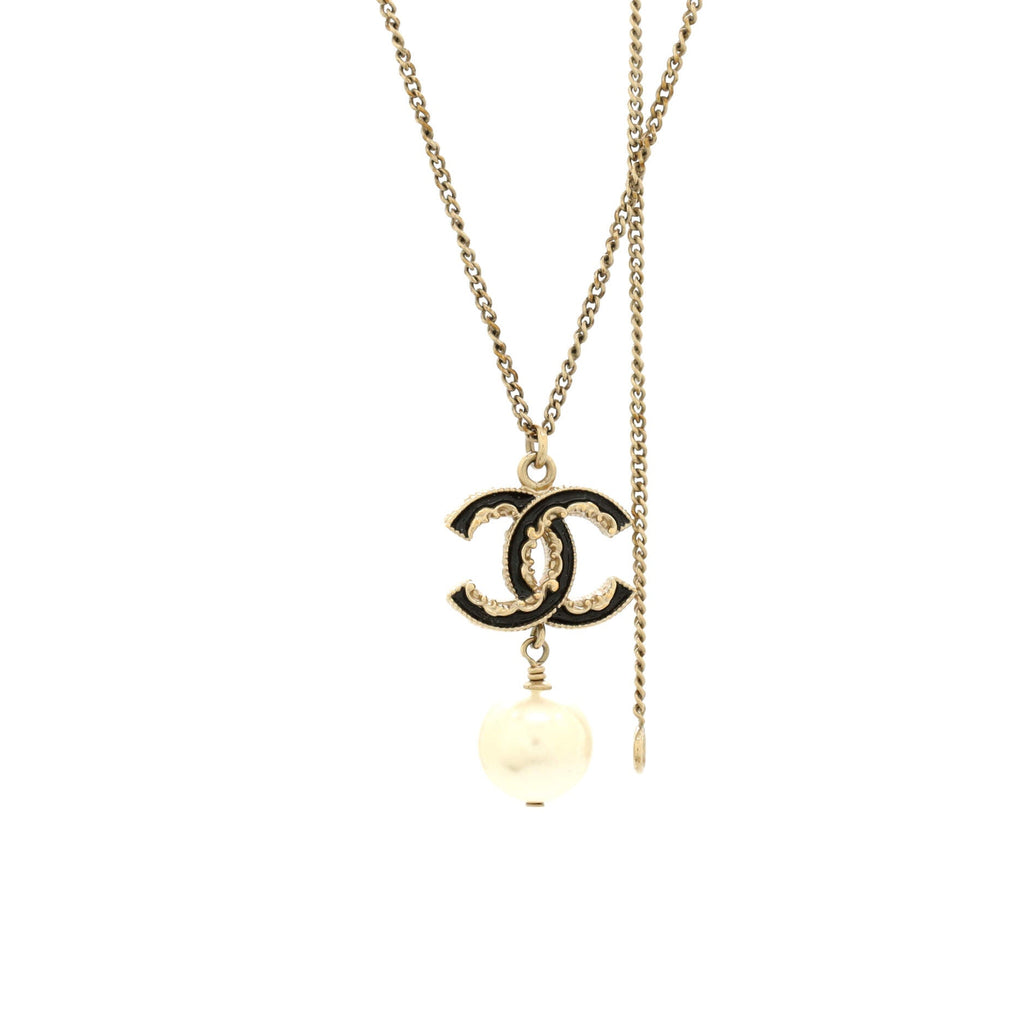 CC Drop Pendant Necklace Metal with Enamel and Faux Pearl