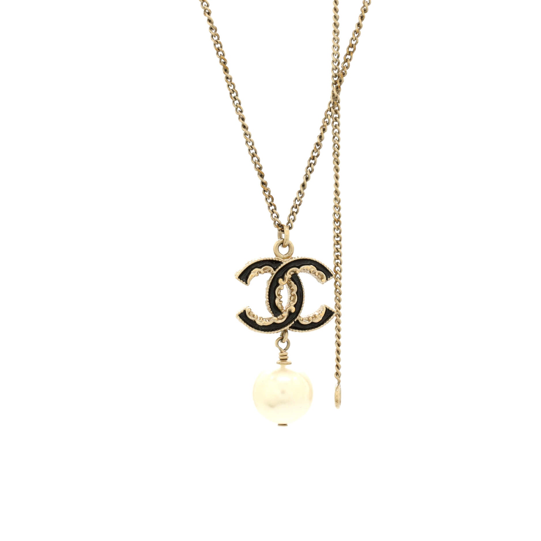 CC Drop Pendant Necklace Metal with Enamel and Faux Pearl
