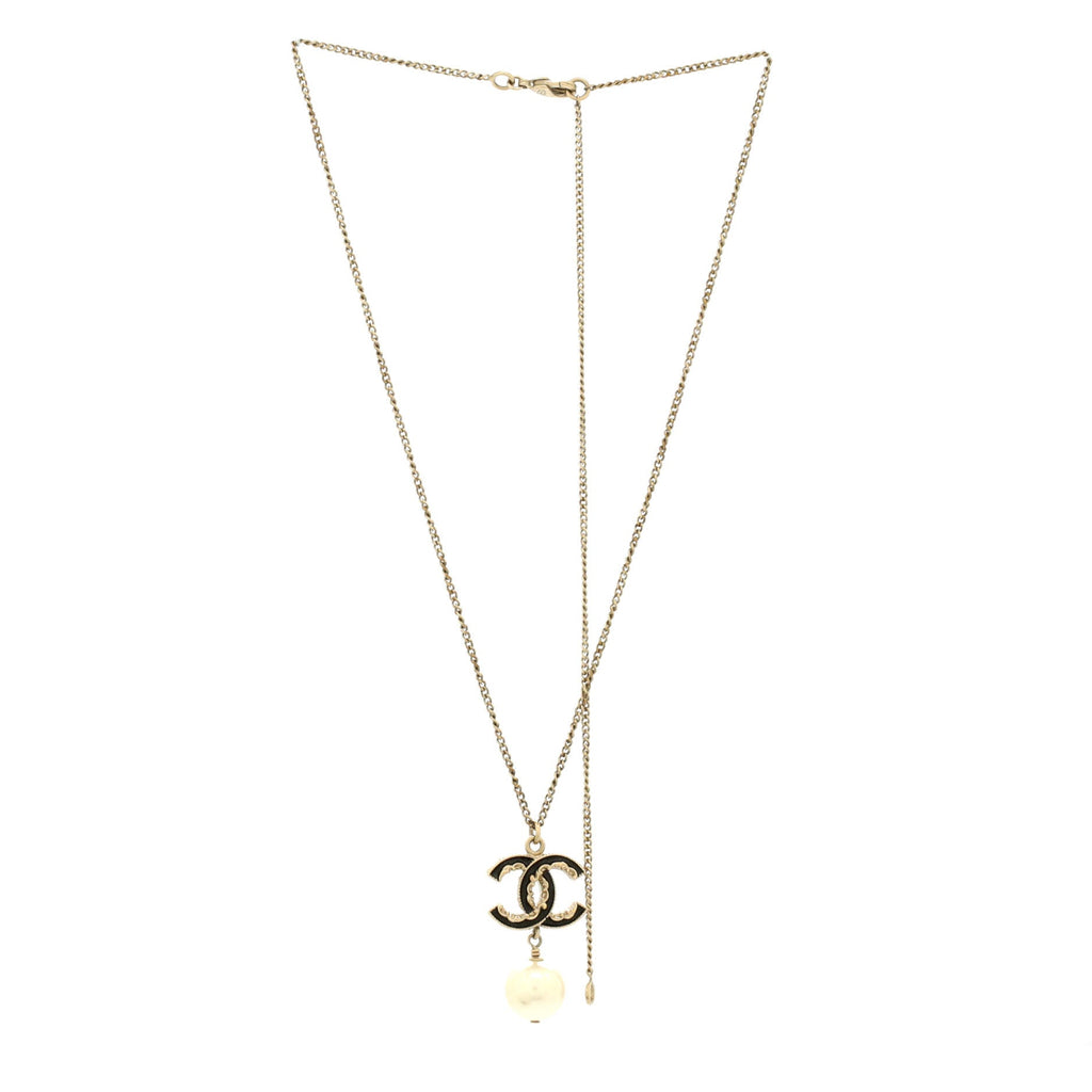 CC Drop Pendant Necklace Metal with Enamel and Faux Pearl