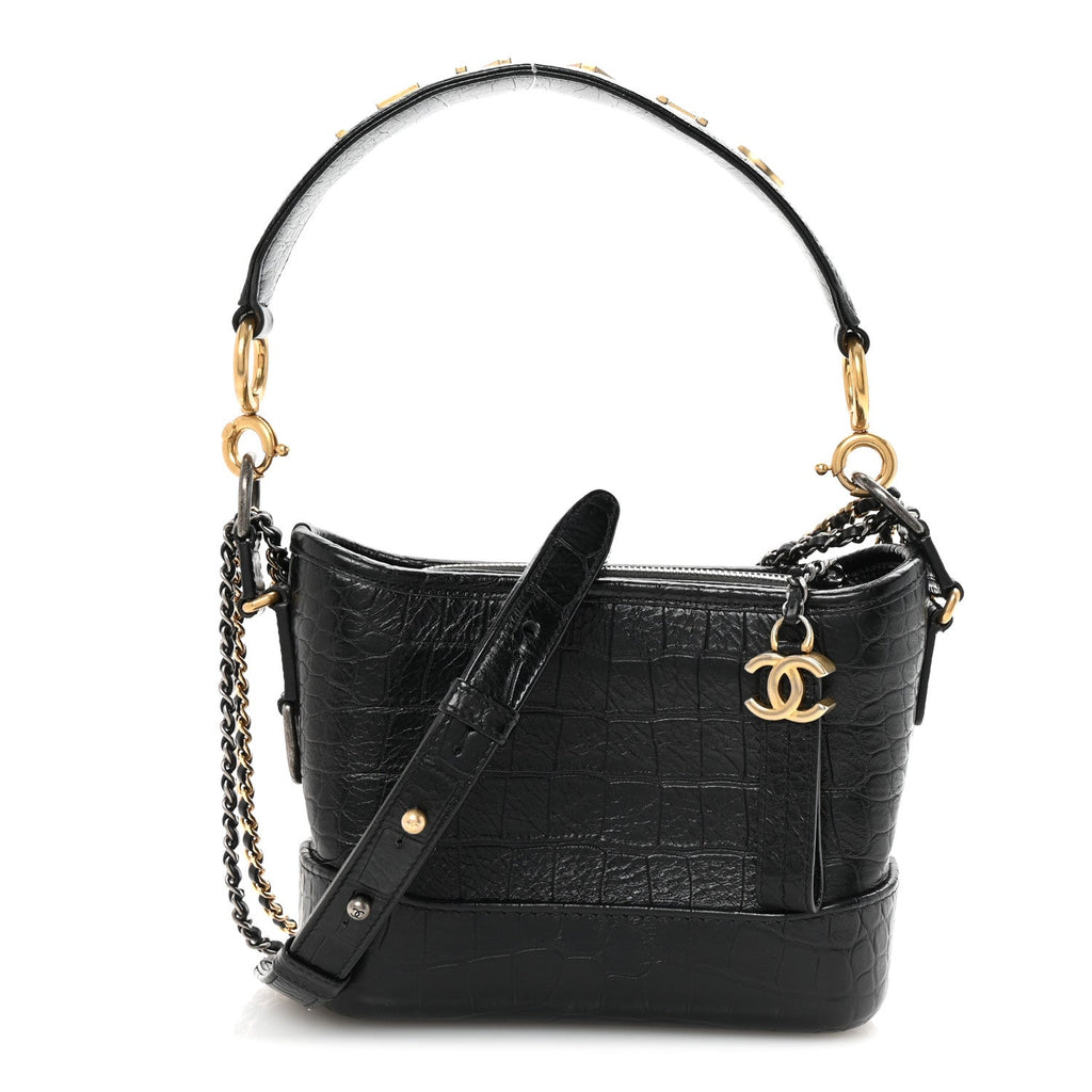 Calfskin Crocodile Embossed Small Gabrielle Cocodile Hobo Black