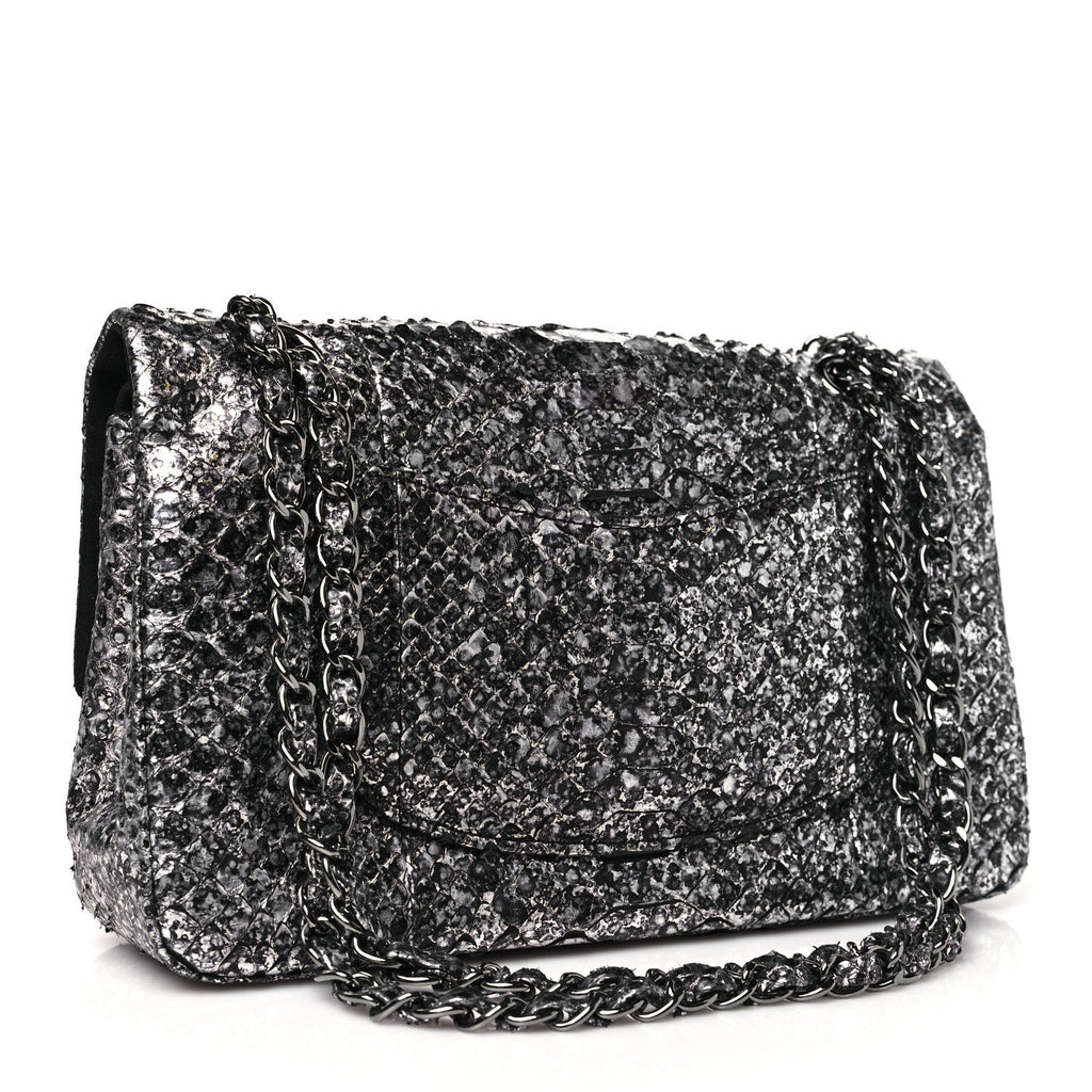 Metallic Snakeskin Medium Double Flap Black Silver