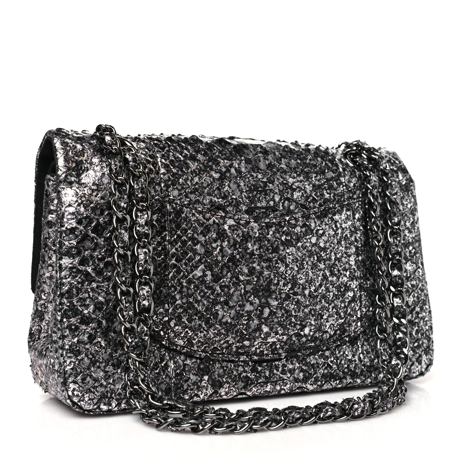 Metallic Snakeskin Medium Double Flap Black Silver