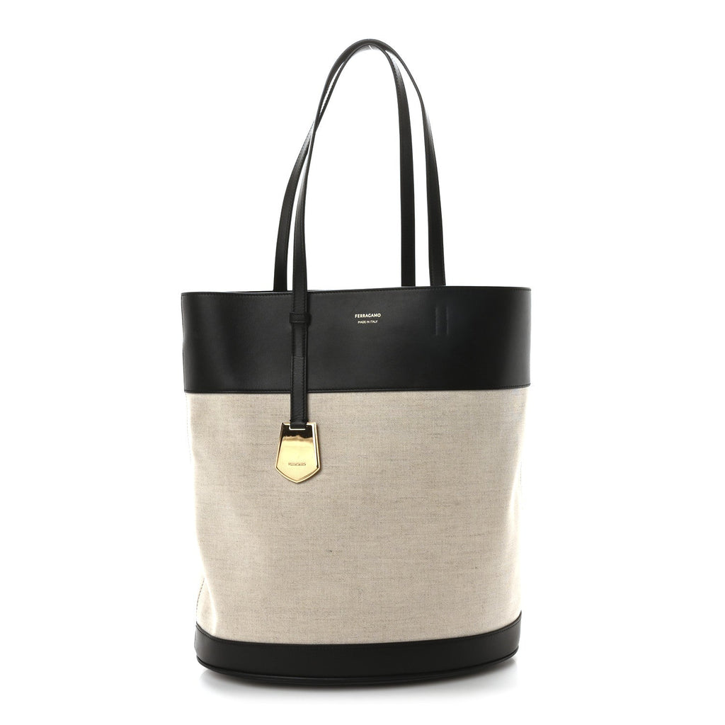 Canvas Calfskin North South Charming Tote Natural Black