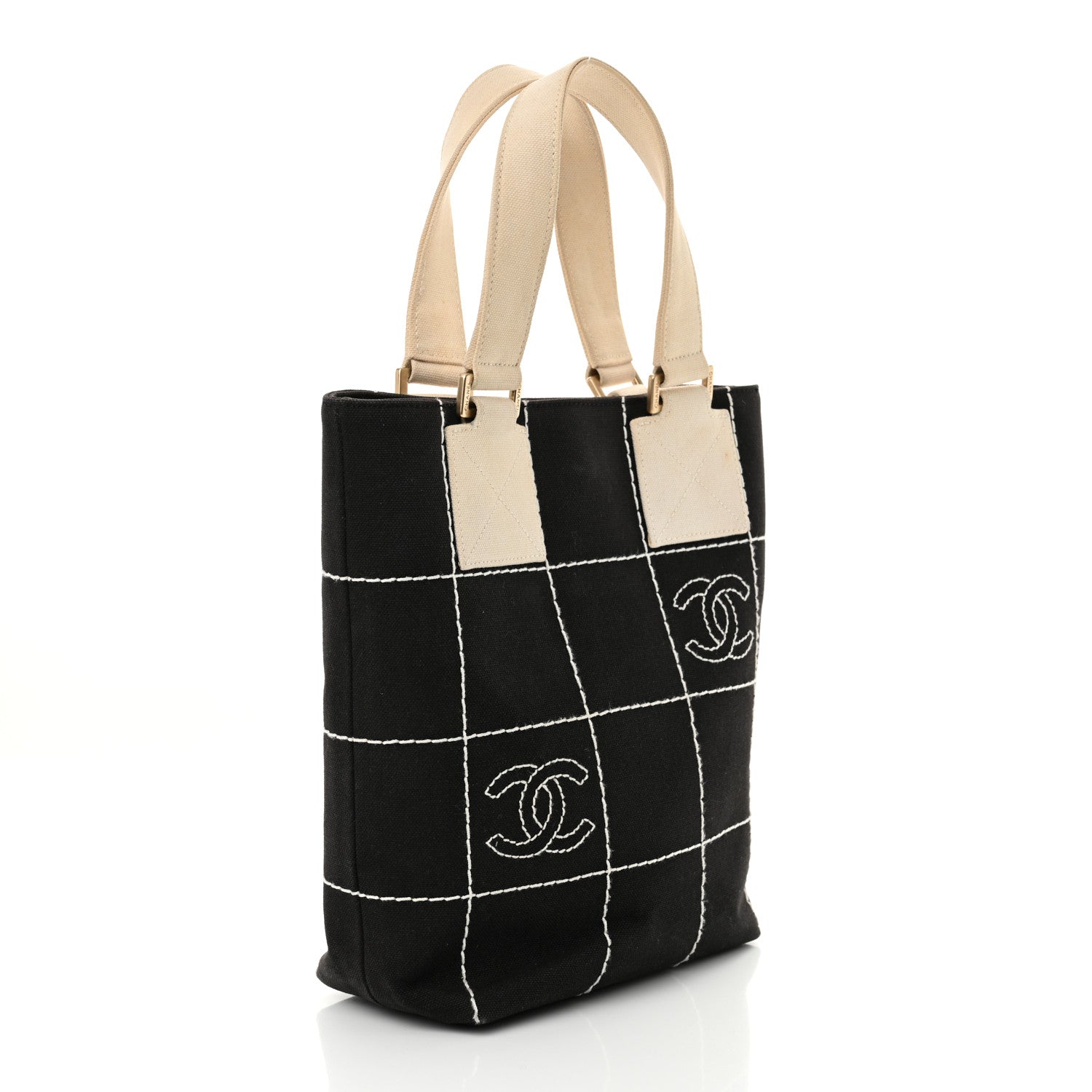 Canvas Square Stitched CC Small Tote Bag Black