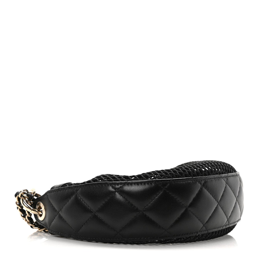 Mesh Shiny Lambskin Chain Hobo Black