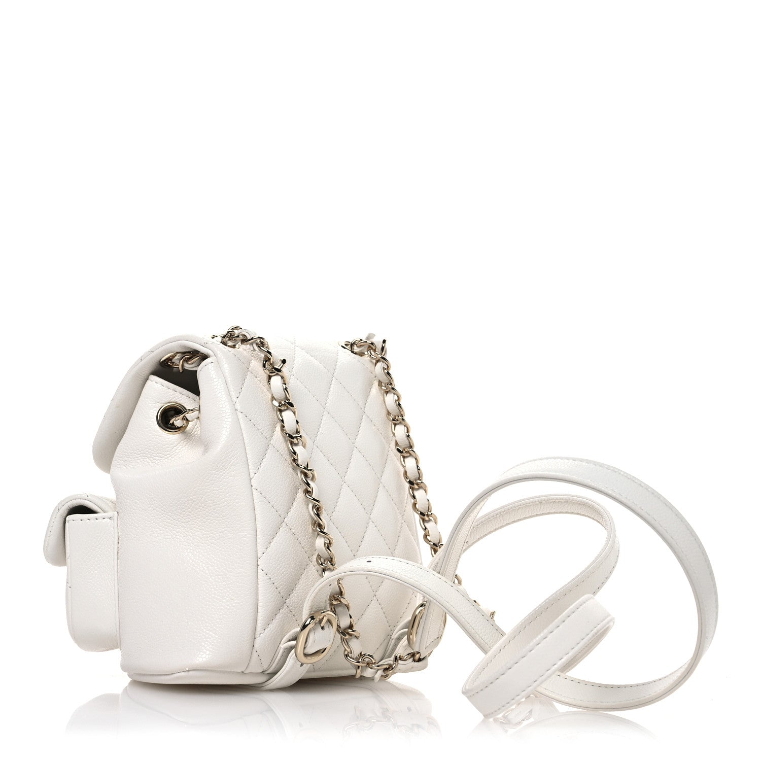 Shiny Caviar Quilted Small Duma Pockets Drawstring Backpack White