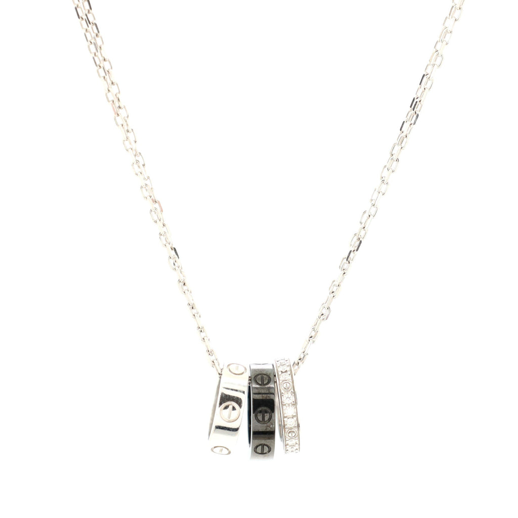 Love 3 Ring Pendant Necklace 18K White Gold and Ceramic with Diamonds