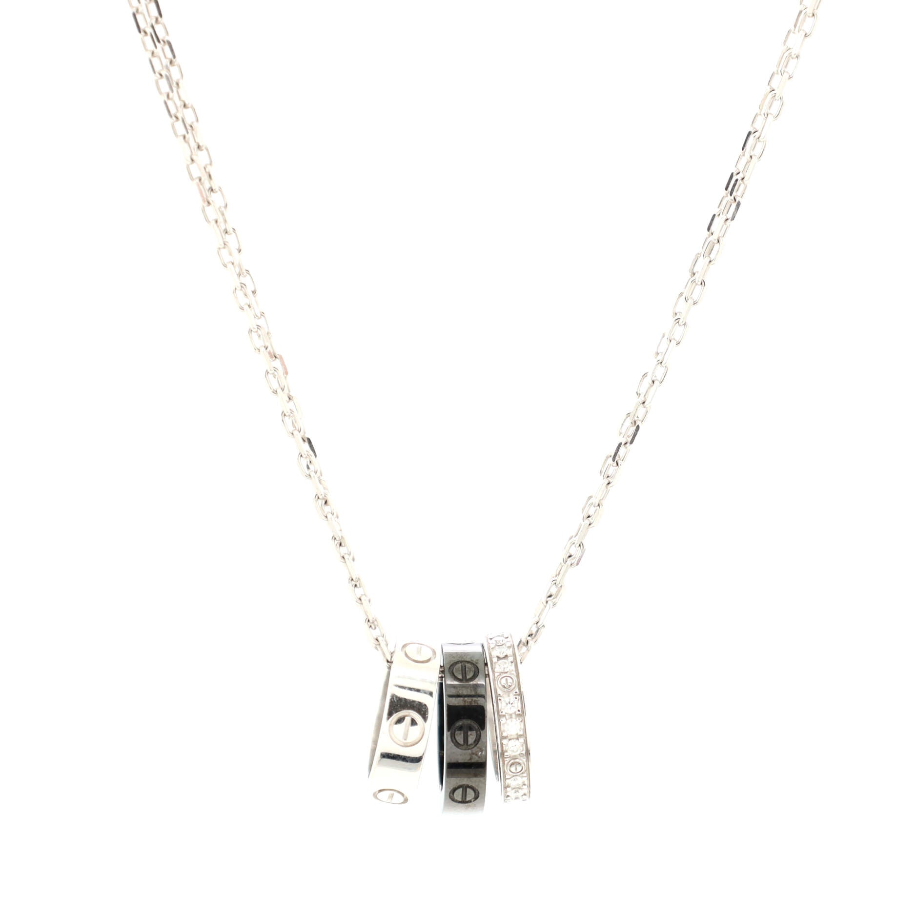 Love 3 Ring Pendant Necklace 18K White Gold and Ceramic with Diamonds