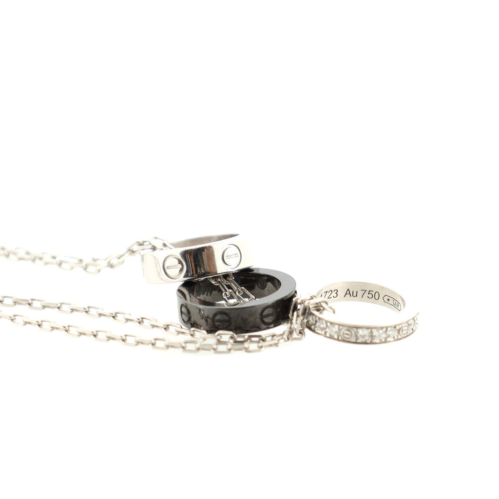 Love 3 Ring Pendant Necklace 18K White Gold and Ceramic with Diamonds