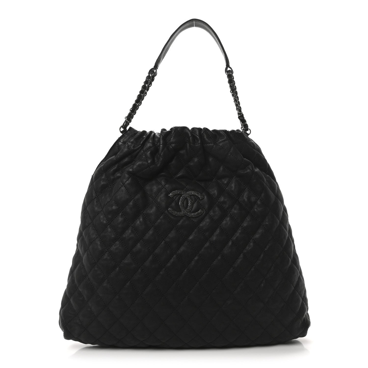 Distressed Glazed Caviar Quilted Large Elastic Tote Black