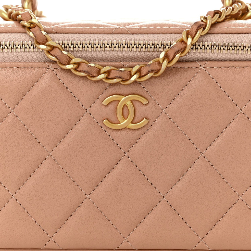 Lambskin Quilted Small Top Handle Vanity Case With Chain Beige