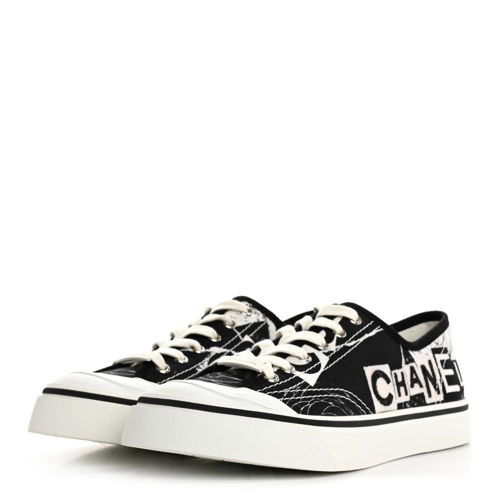 Printed Fabric Low Top Logo Sneakers 38.5 White Black