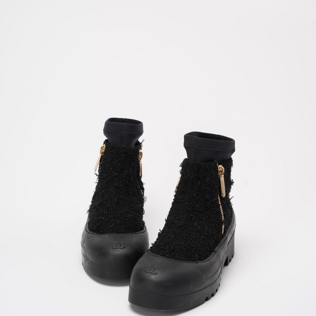 Chanel Black Tweed Rubber CC Short Boots Size 40
