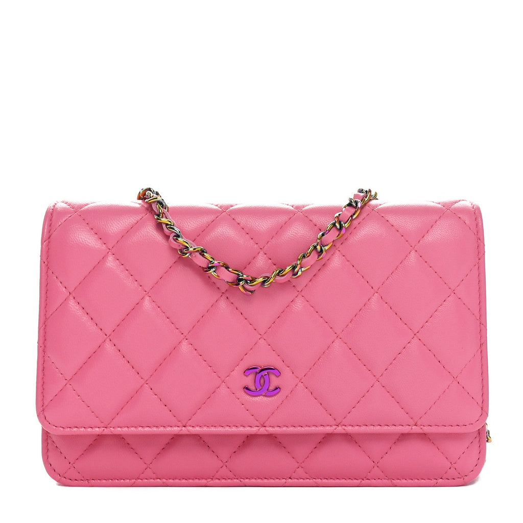 Lambskin Quilted Wallet On Chain WOC Pink Yellow