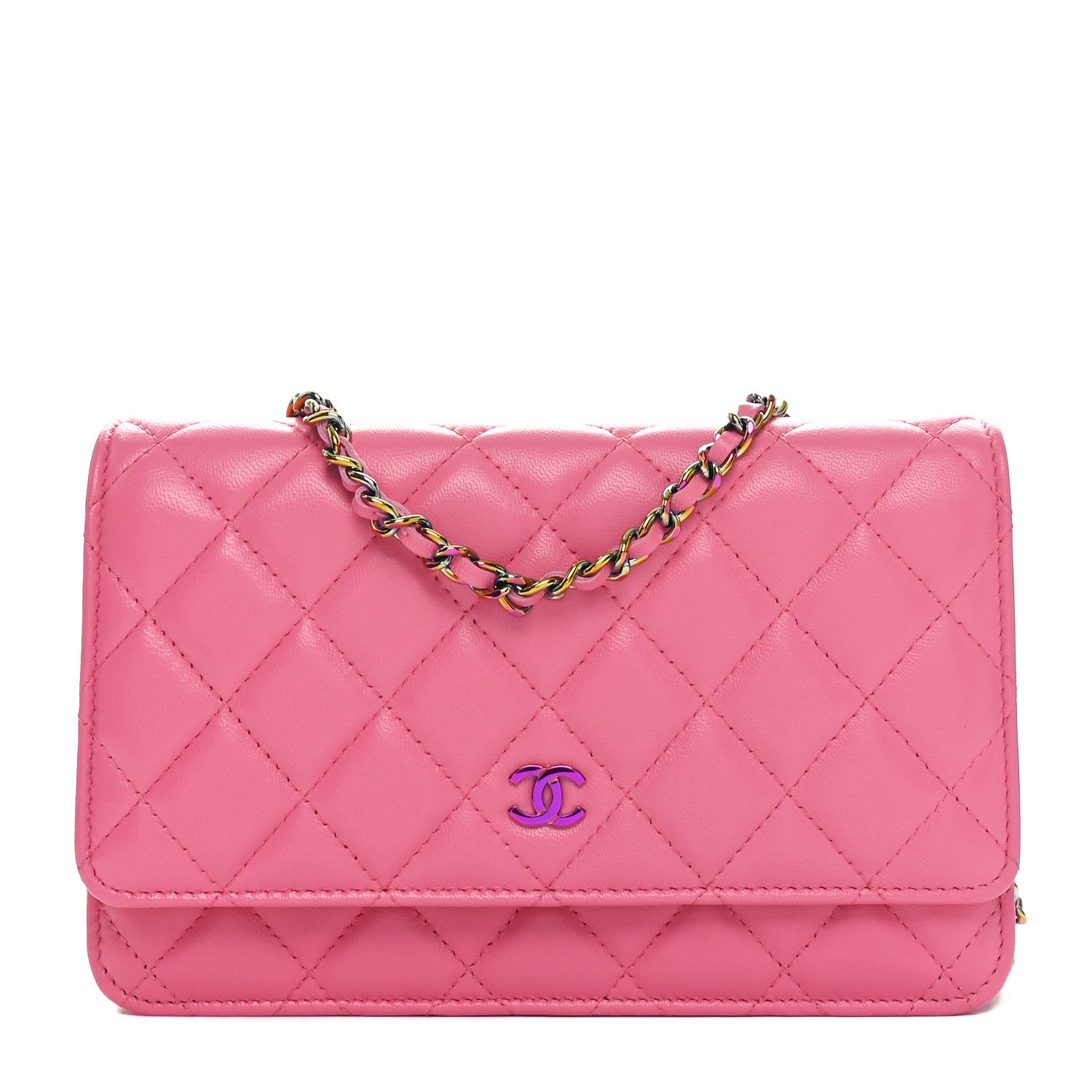 Lambskin Quilted Wallet On Chain WOC Pink Yellow