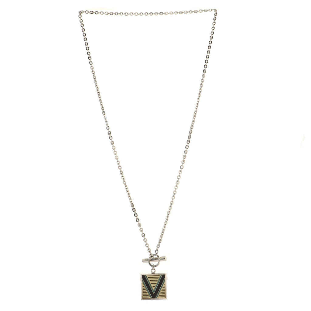 V Logo Square Pendant Necklace Sterling Silver with Enamel