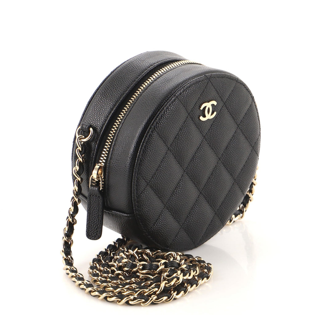 Round Clutch with Chain Quilted Caviar Mini