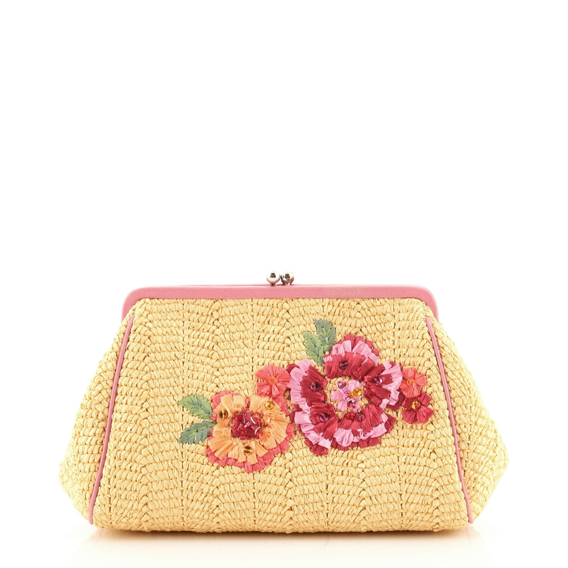 Vintage Frame Clutch Floral Raffia
