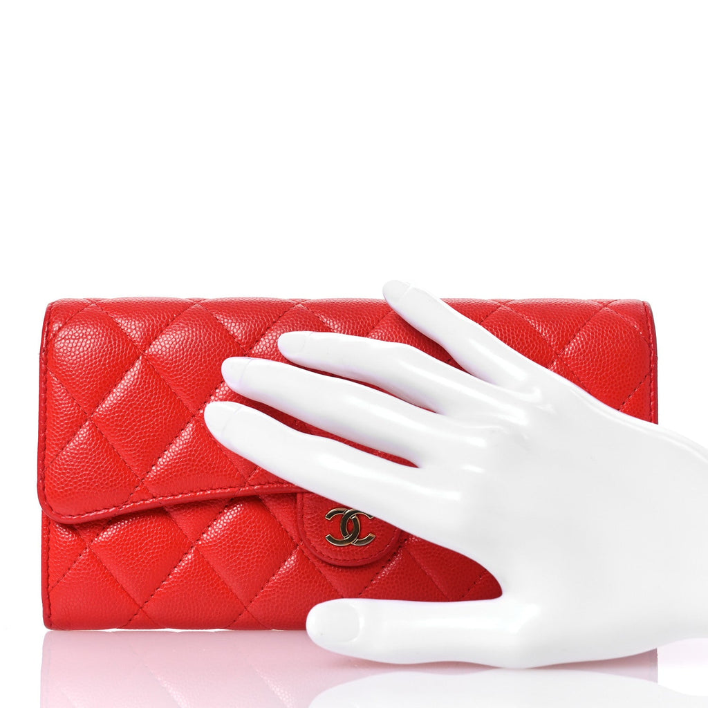 Caviar Quilted Large Gusset Flap Wallet Red