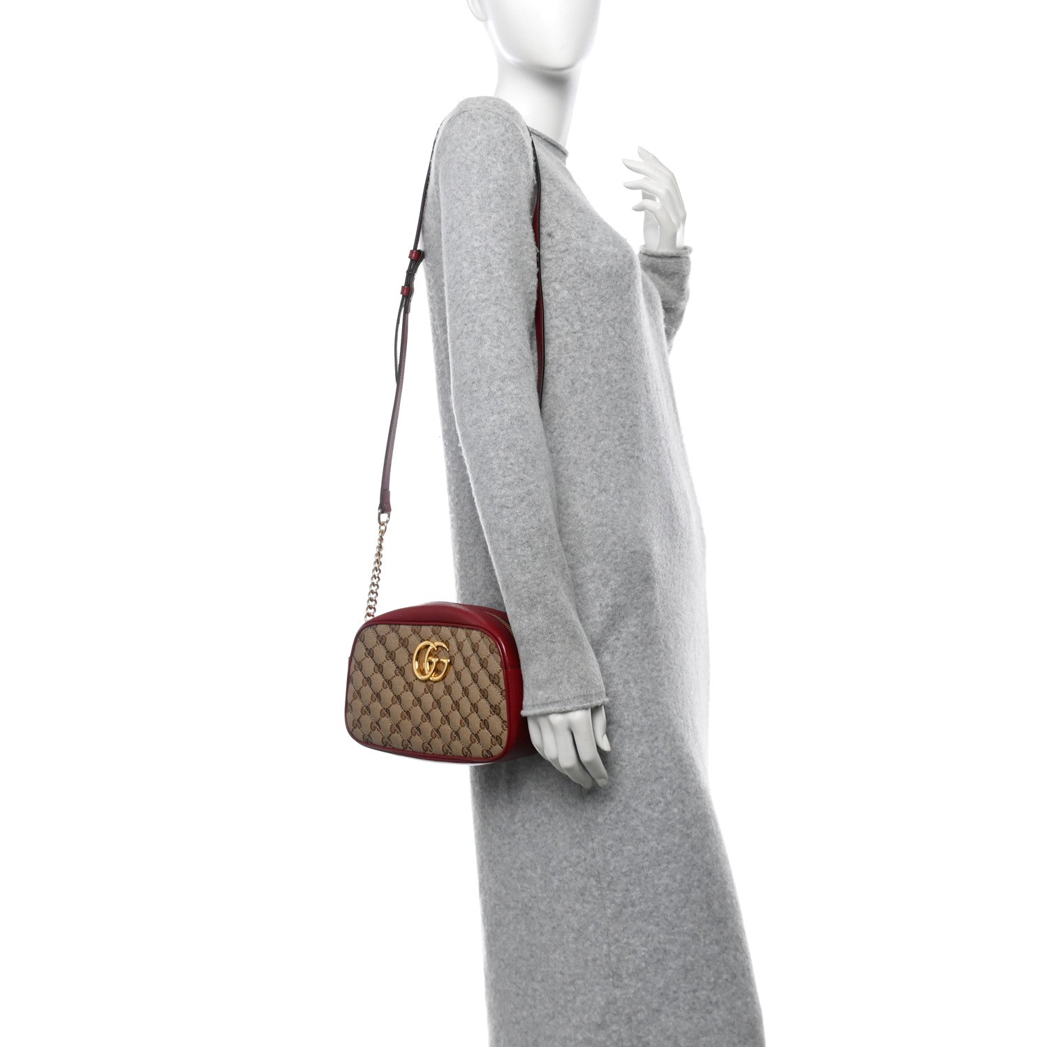 Monogram Azalea Calfskin Matelasse Diagonal Small GG Marmont Chain Shoulder Bag Beige Ebony New Cherry Red