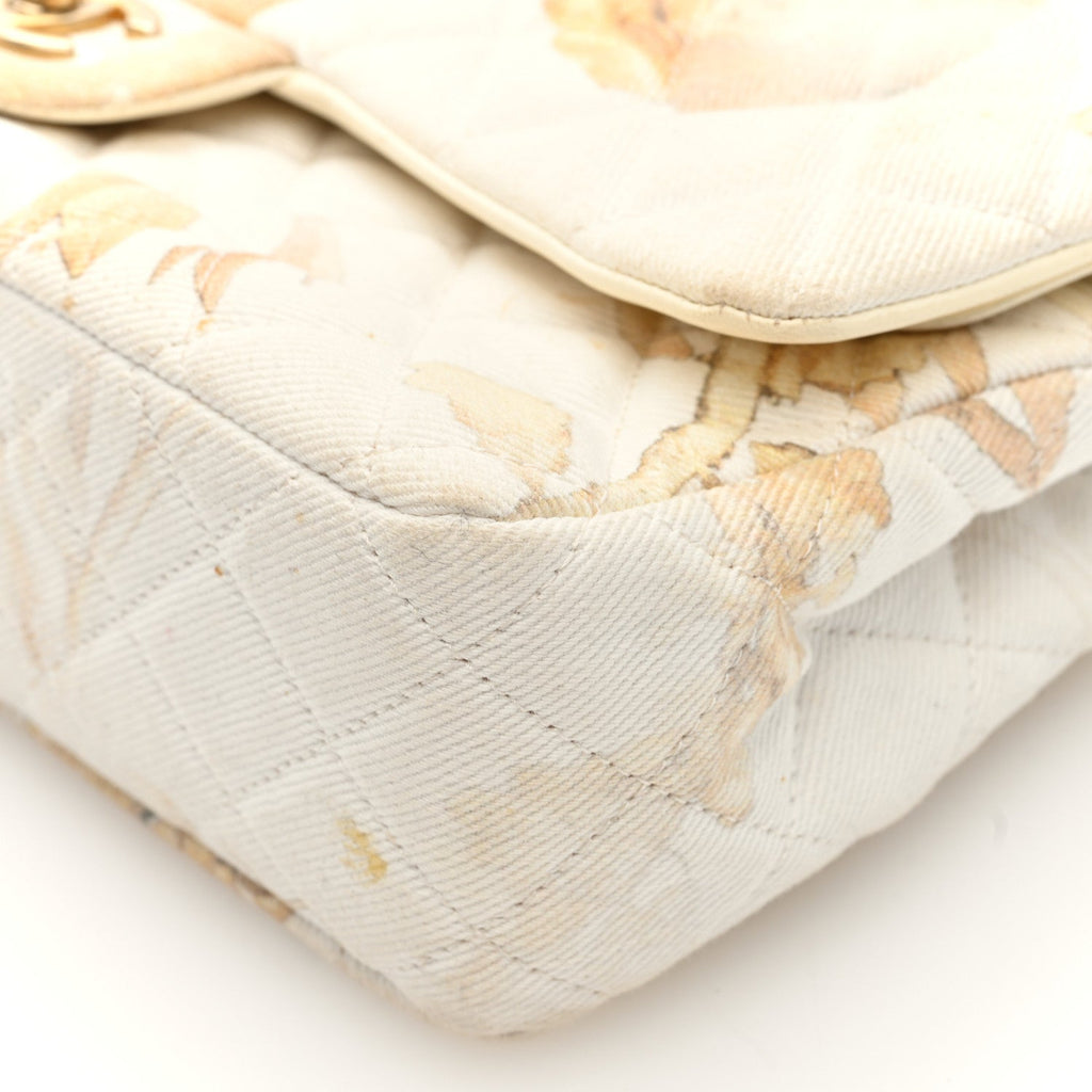 Denim Floral Printed Medium Double Flap Beige
