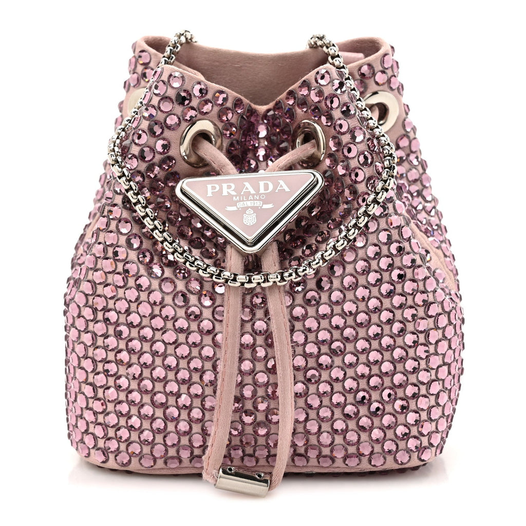 Satin Crystal Metal Triangle Logo Mini Drawcord Pouch Shoulder Bag Alabastro