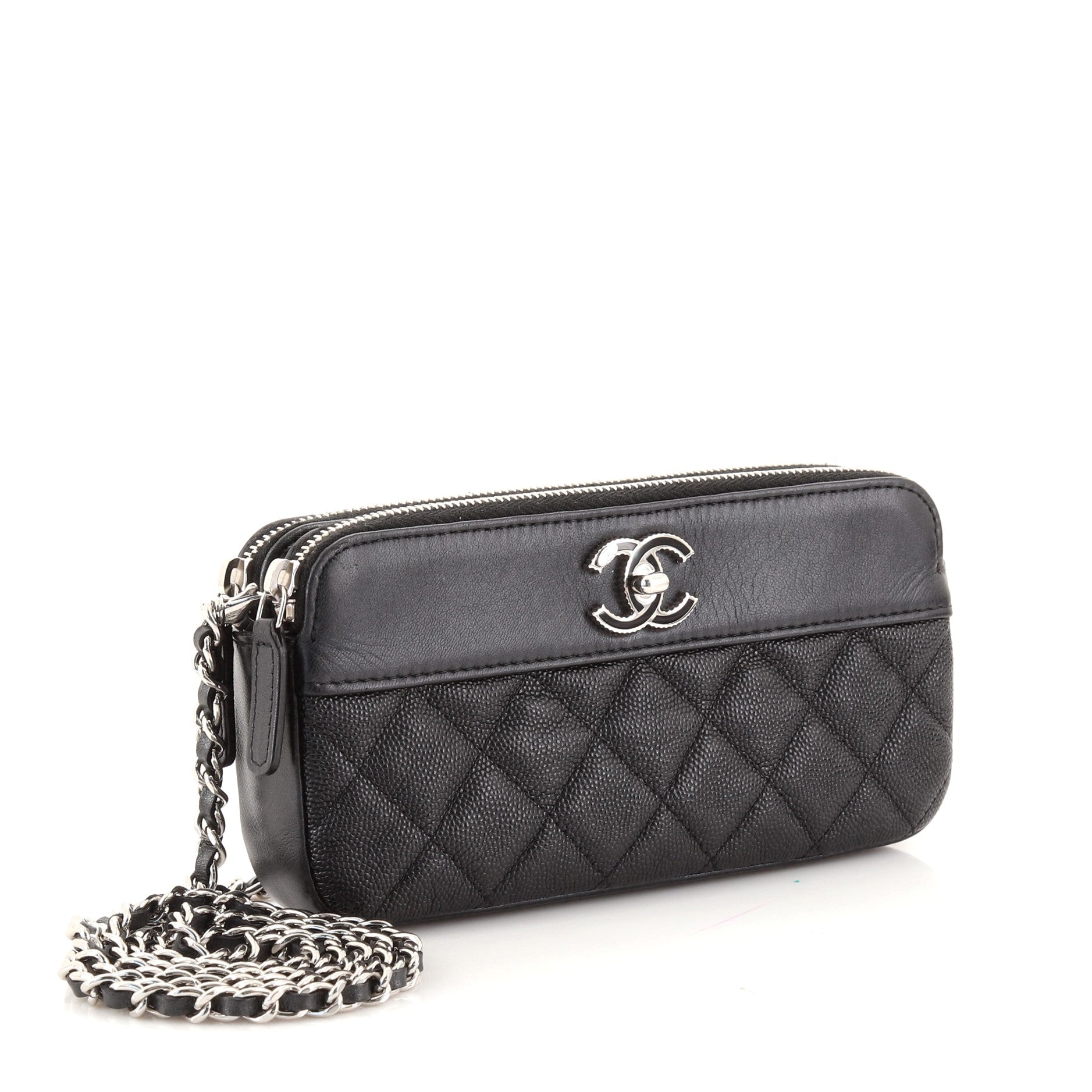 Double Zip Clutch with Chain Quilted Caviar