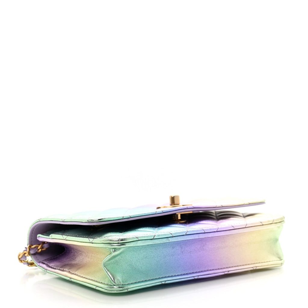 Iridescent Lambskin Quilted Glitter CC Roller Skate Wallet On Chain WOC Multicolor