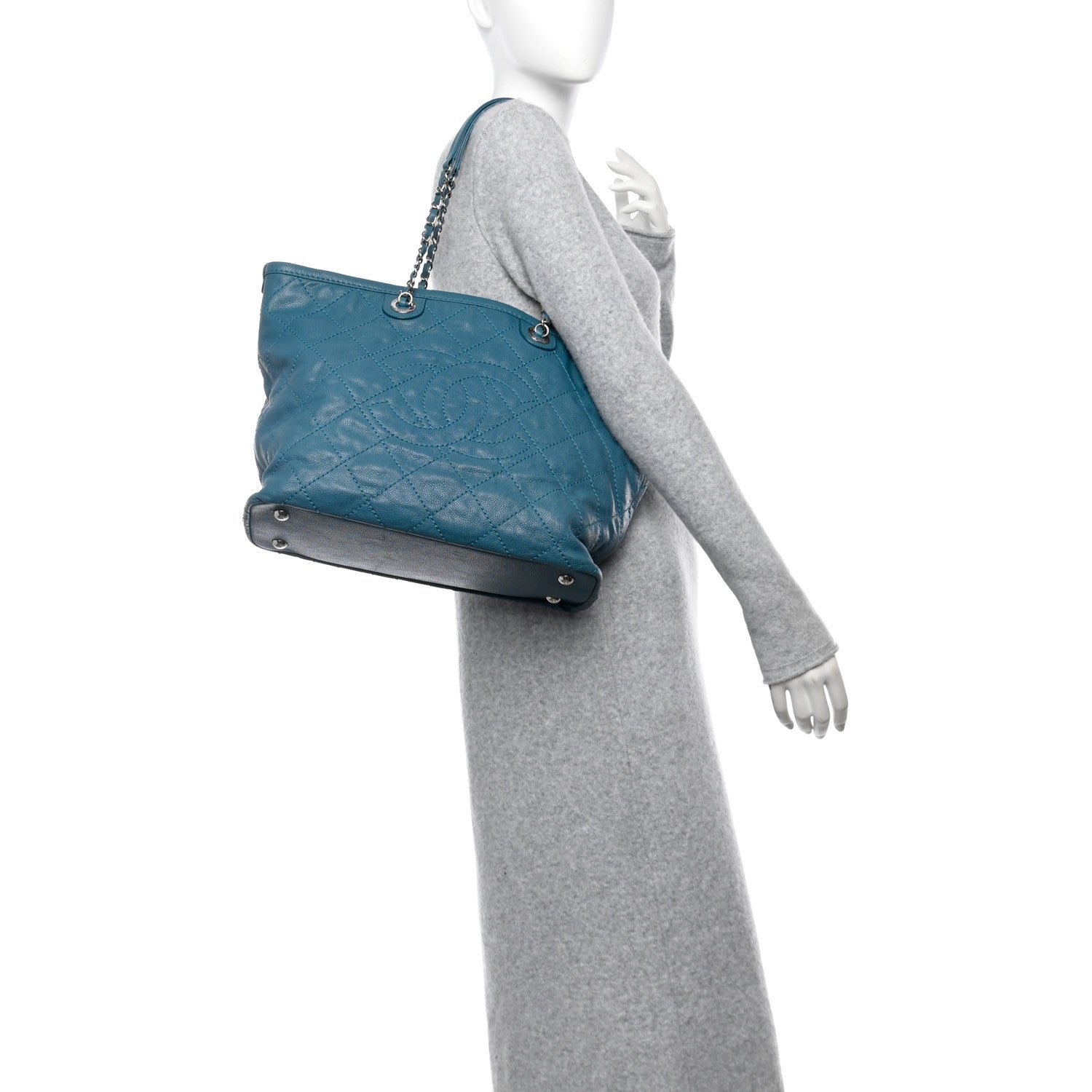 Grained Calfskin Quilted Small Daily Shopping Tote Turquoise