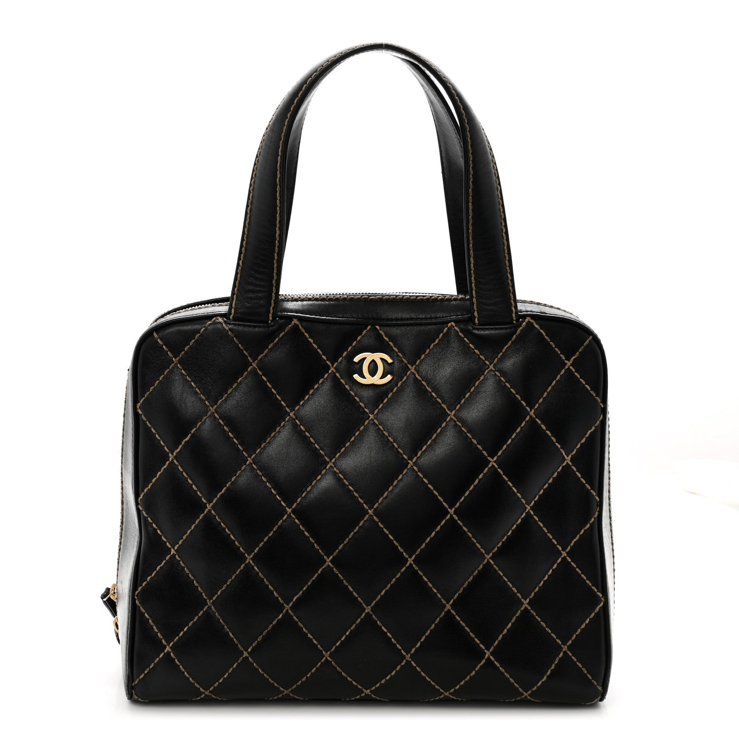 Calfskin Wild Stitch Vertical Top Handle Bag Black